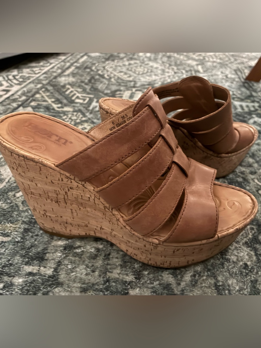 Born Cork Wedge Slide Sandals in Brown Leather - Comfort Women's Size 6 Shoes